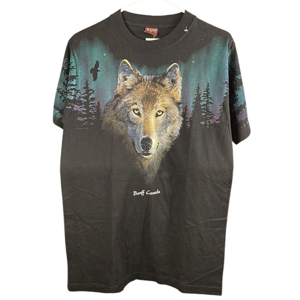 Vtg Lago‎ Graphic Tee T-Shirt Black Wolf Banff Canada Mens M Nature Unique